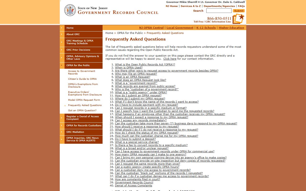 Monmouth County criminal records OPRA access rules on the GRC FAQ page