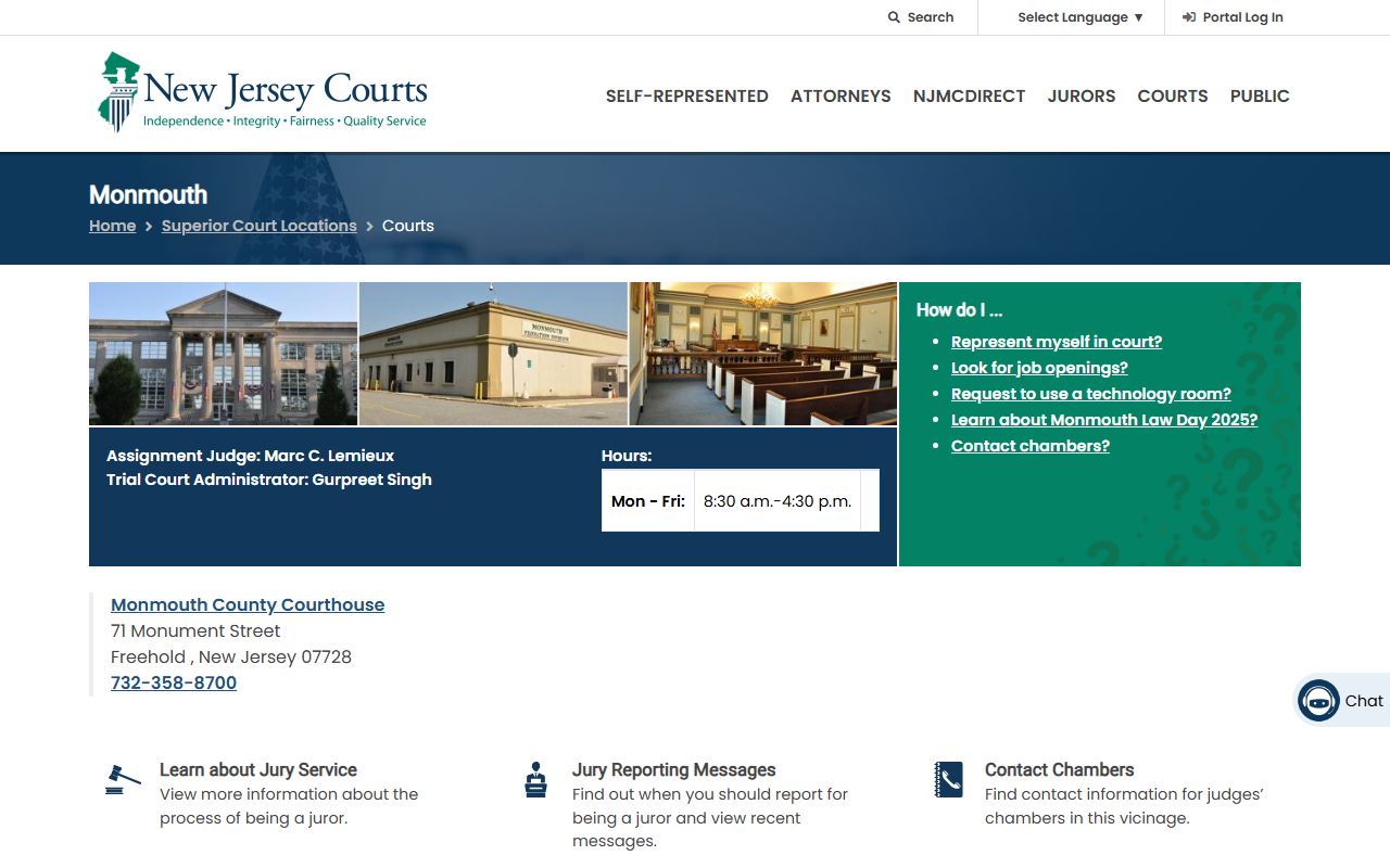 Monmouth County Court vicinage page with courthouse address and hours