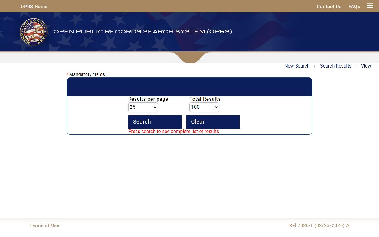 Monmouth County OPRS search page for county public records