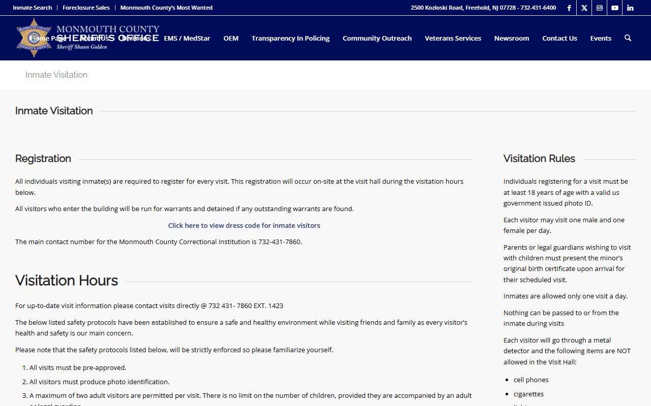 Monmouth County inmate records jail visitation rules and registration page