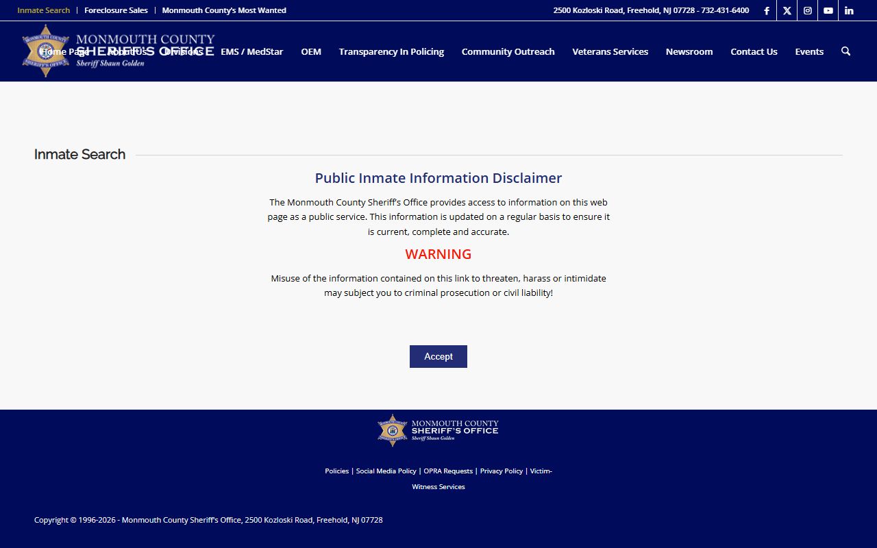 Monmouth County inmate records Sheriff jail roster inmate search form