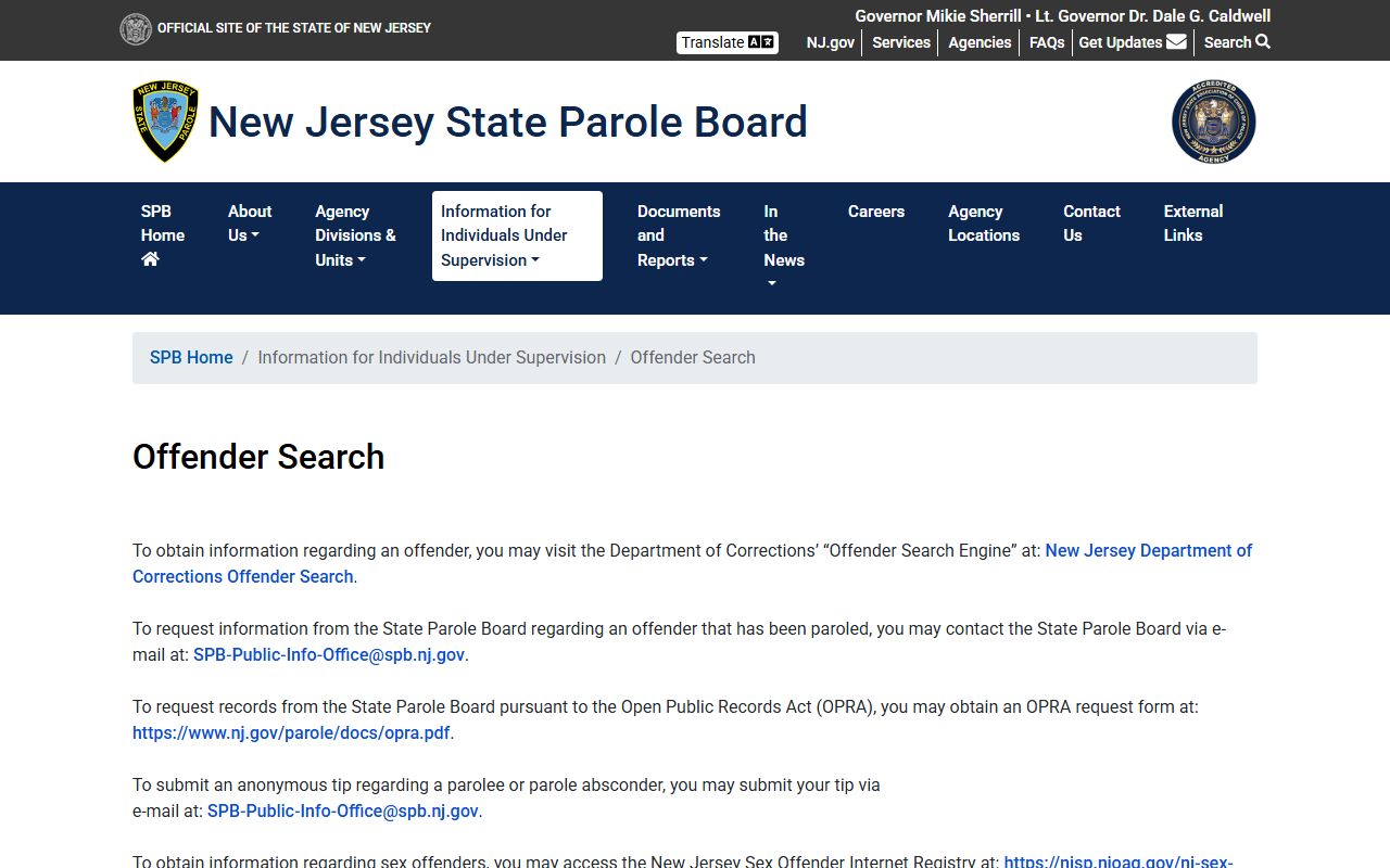 Monmouth County inmate records New Jersey State Parole Board offender search page