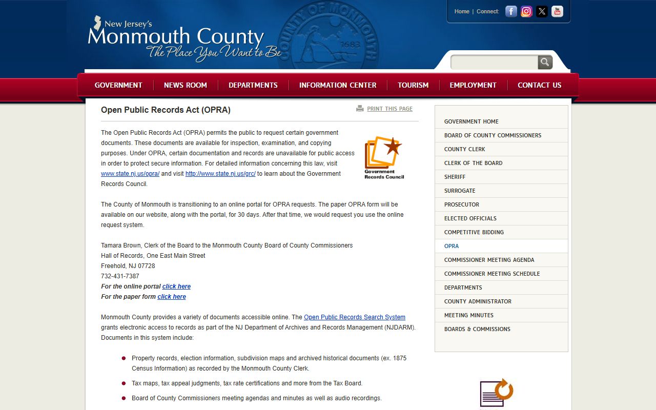 Monmouth County public records OPRA information and request page