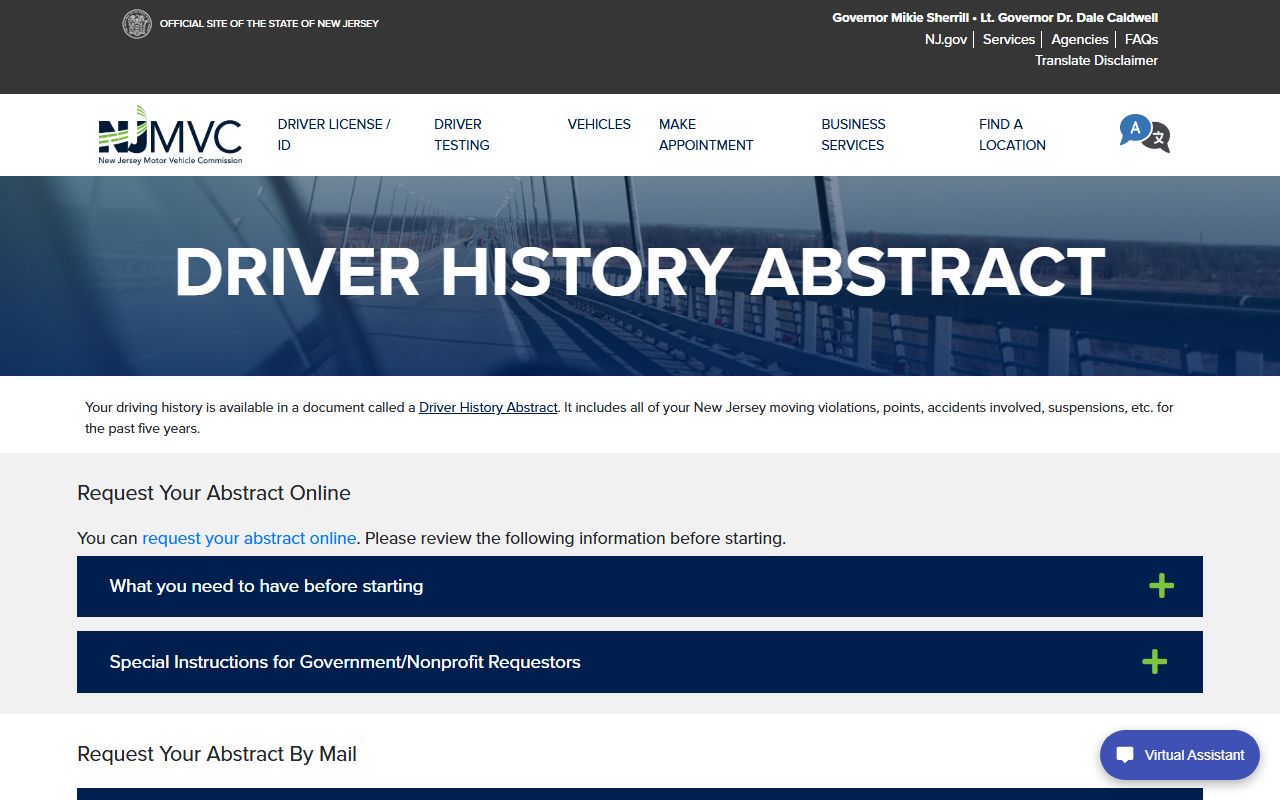 Monmouth County traffic court records MVC driver history abstract request page