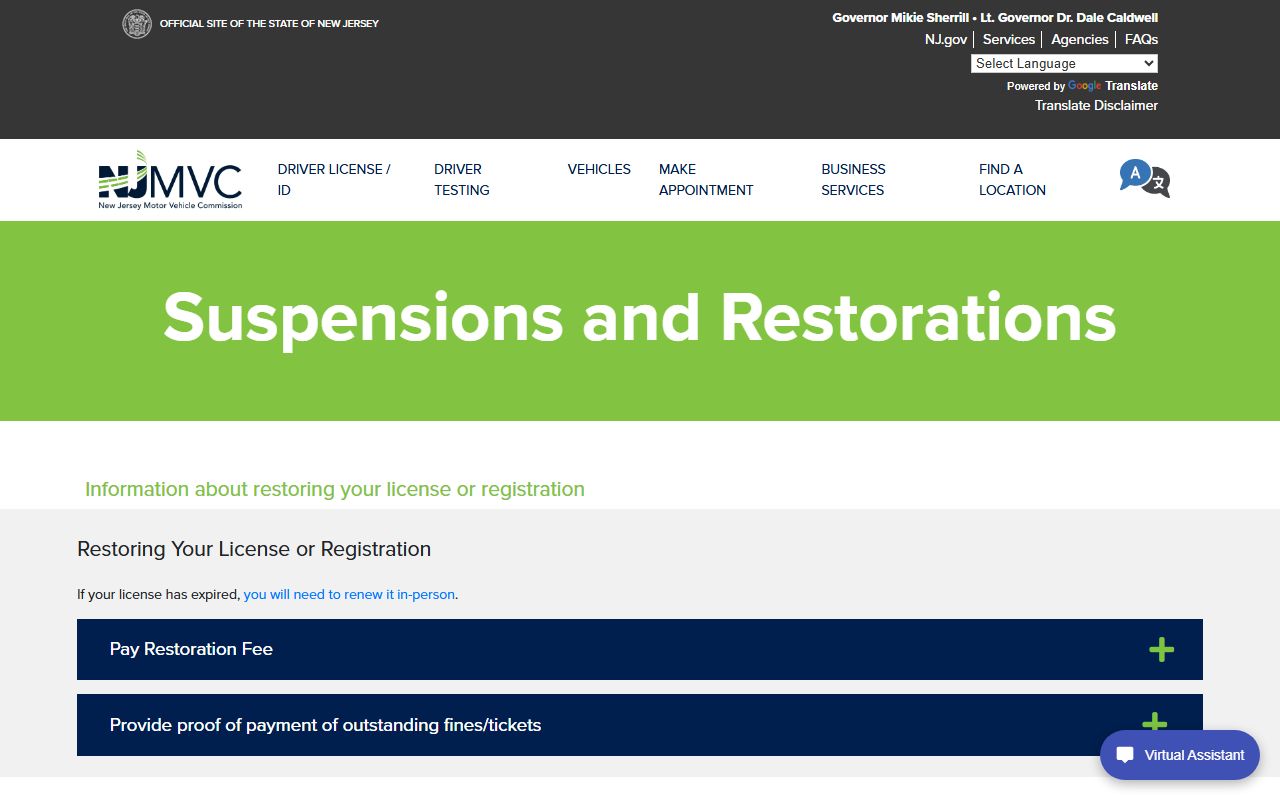 Monmouth County traffic court records MVC license suspension and restoration page