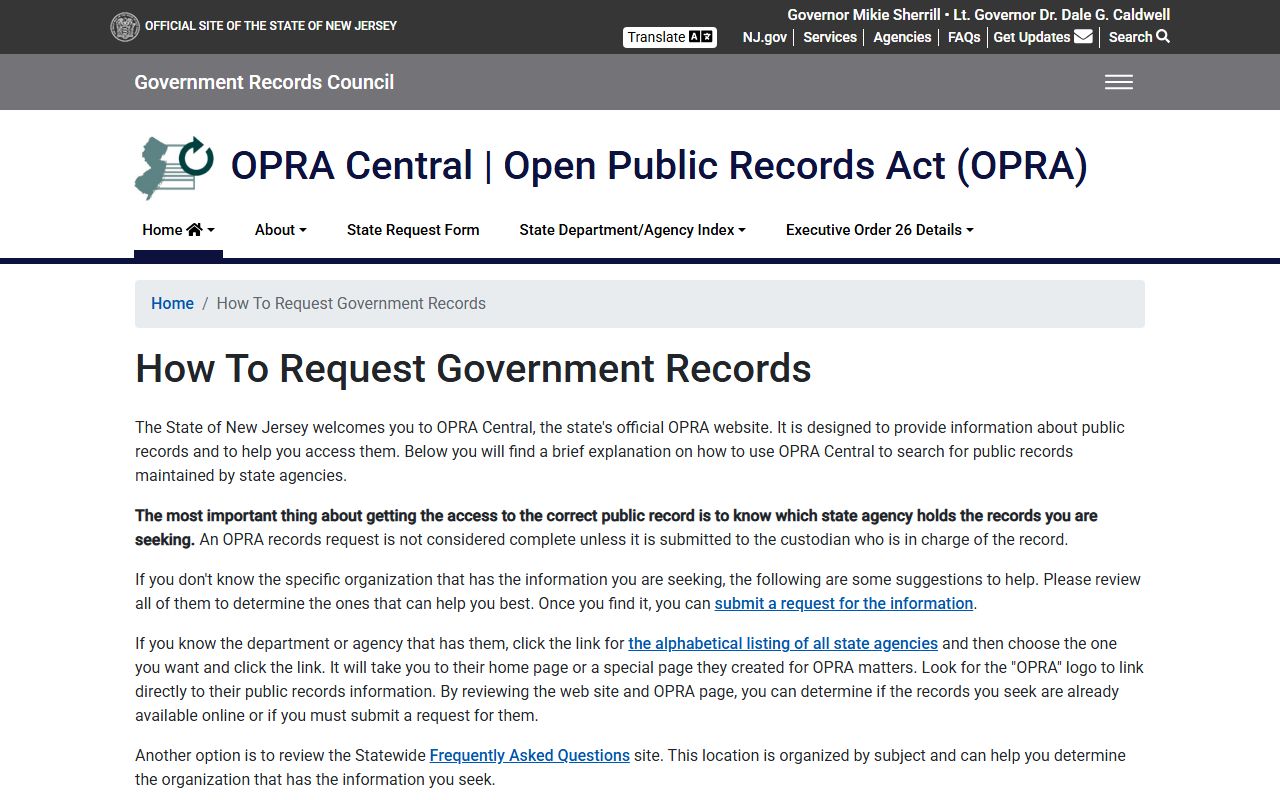 Monmouth County traffic court records OPRA Central request instructions page